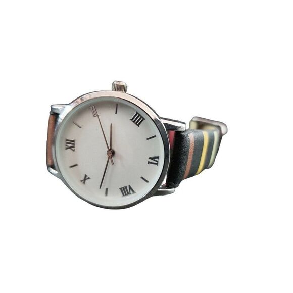 C&b Colorful Black Stripe Band Analog Roman Numeral Women's Watch - Picture 1 of 9